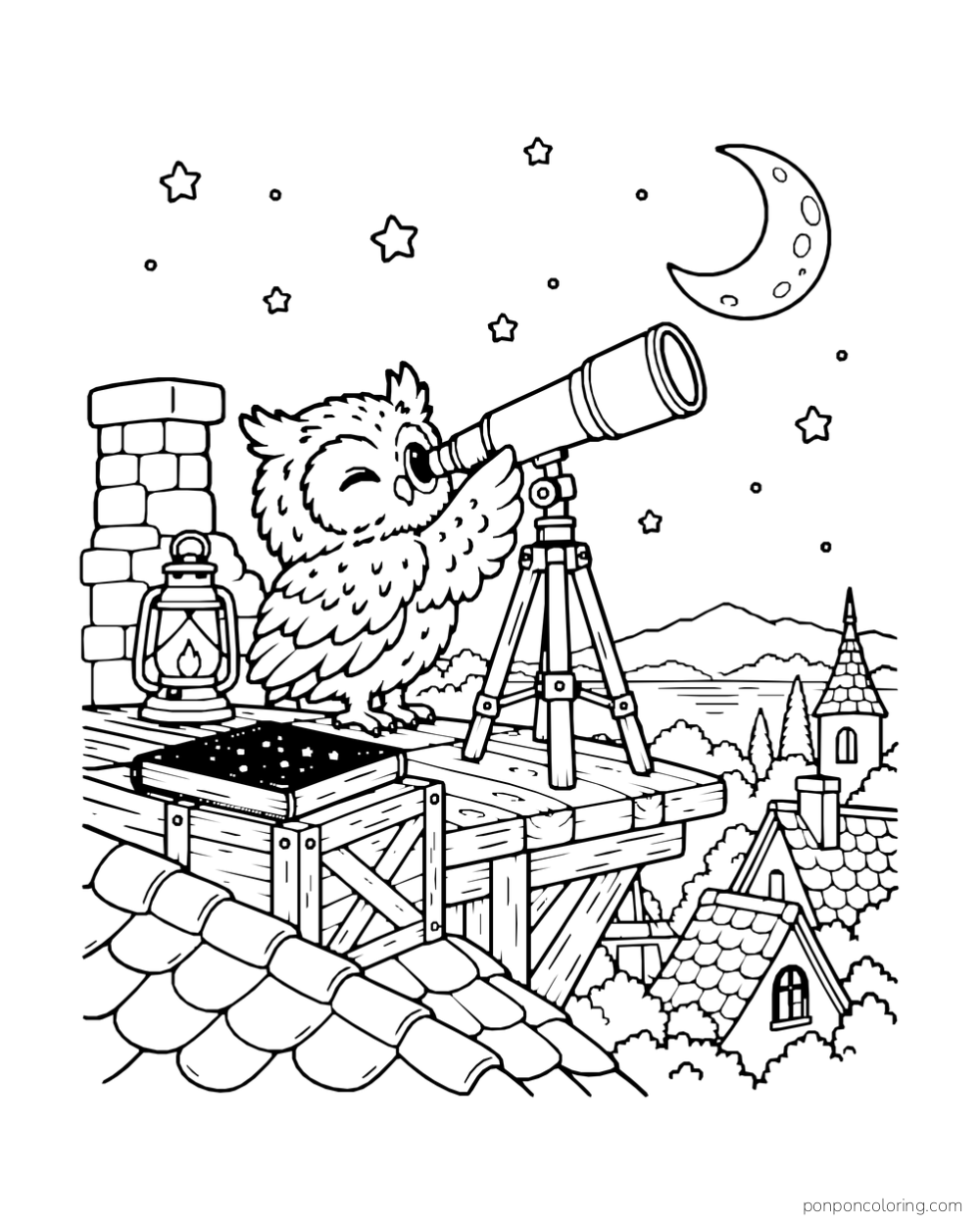 An owl peers through a telescope from a wooden rooftop platform beneath a crescent moon.