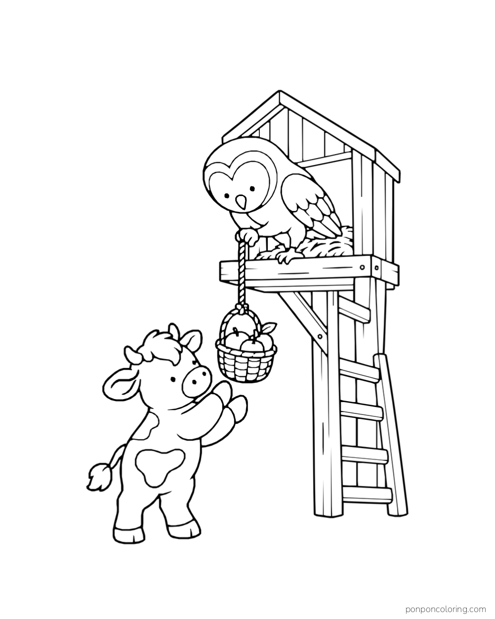 An owl lowers a basket of apples from a small loft toward a calf, beside a ladder.