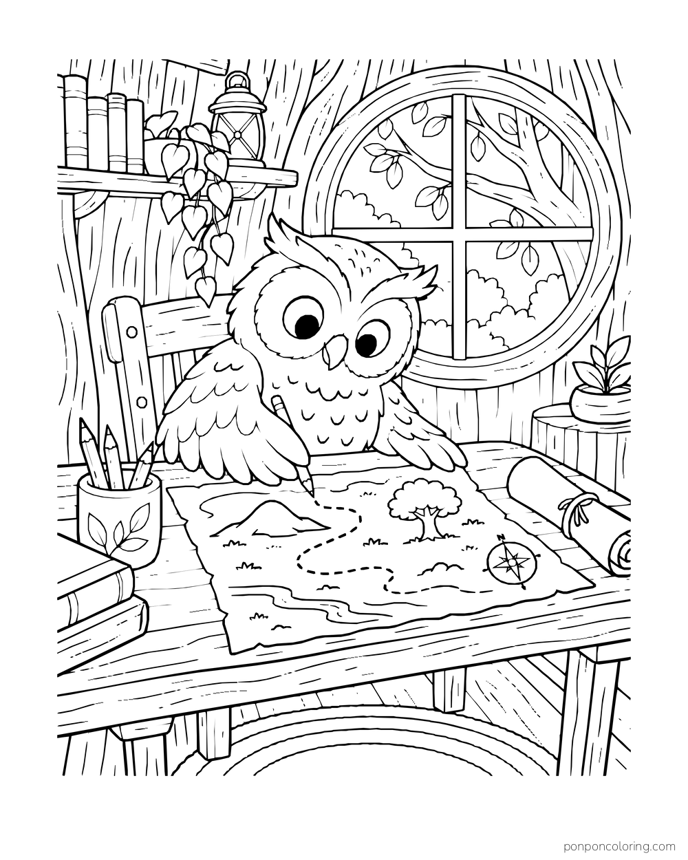 An owl draws a simple trail map at a treehouse desk beside a round window.