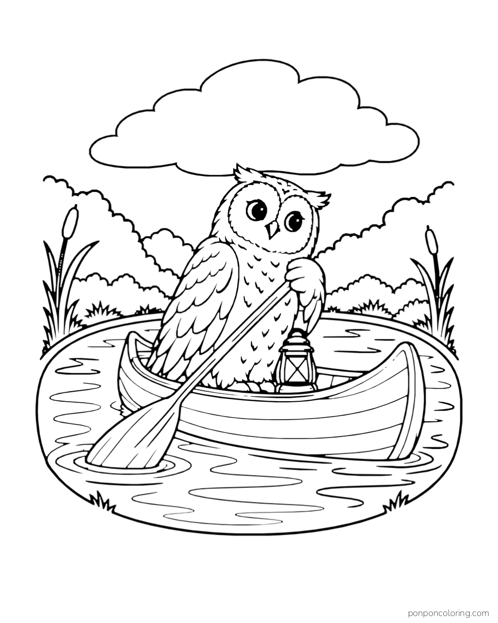 An owl paddles a small canoe across an enclosed pond with a lantern set in the boat.