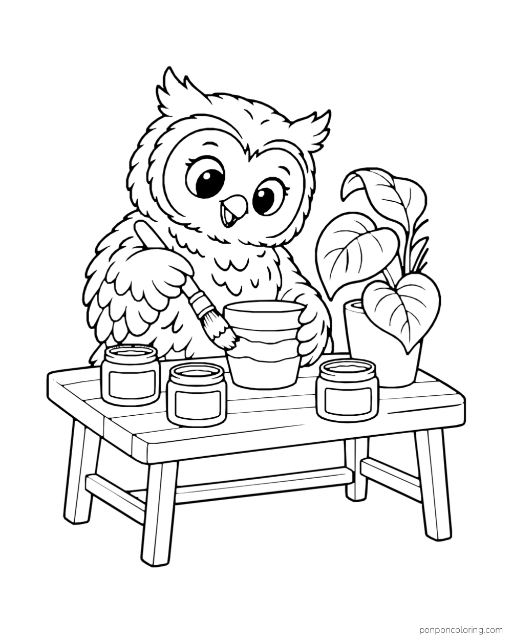 An owl holds a flowerpot steady and touches a paintbrush to a stripe on its side.