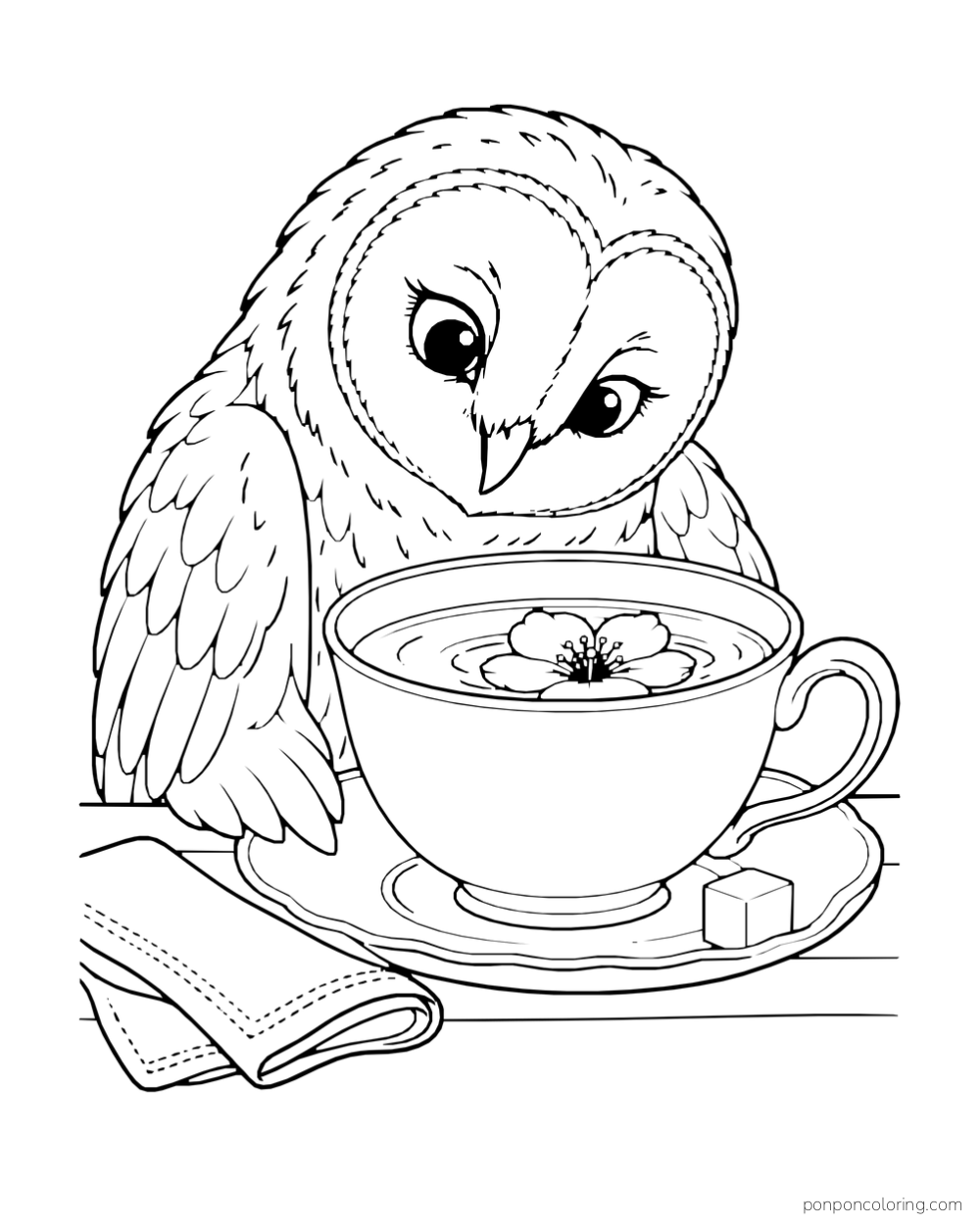A heart-faced owl looks into a large teacup with one flower floating on the tea, beside a napkin and sugar cube.