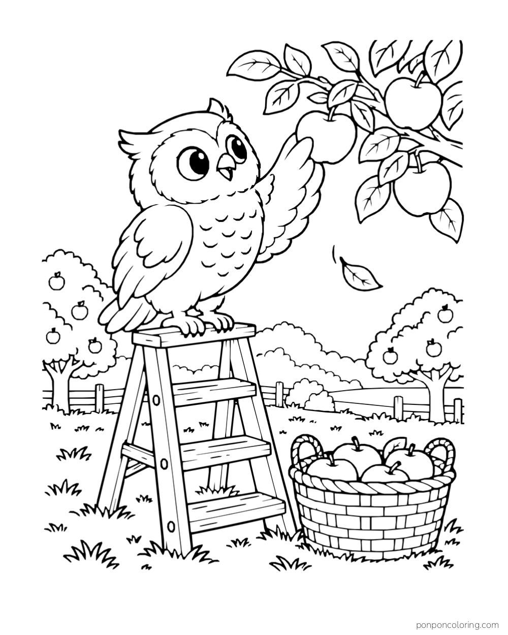 An owl stands on a short ladder and reaches toward an apple above a full harvest basket.