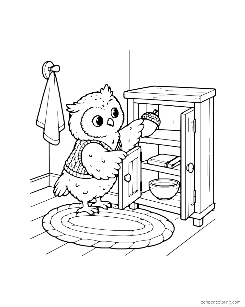 A small owl in a knitted vest places an acorn on the upper shelf of an open wooden cupboard, beside a folded cloth and bowl.