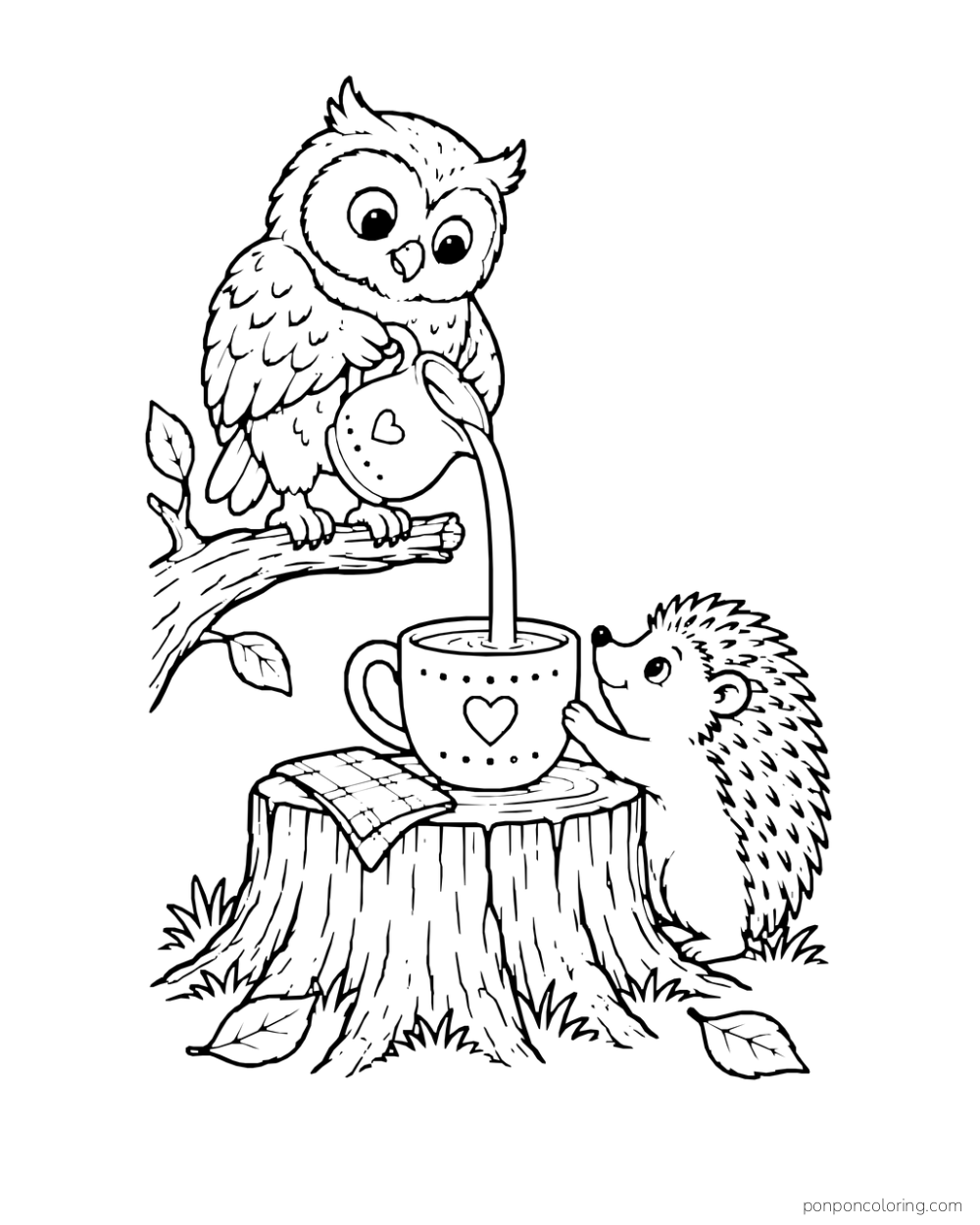 An owl on a branch pours cocoa into a mug on a stump as a hedgehog looks up.