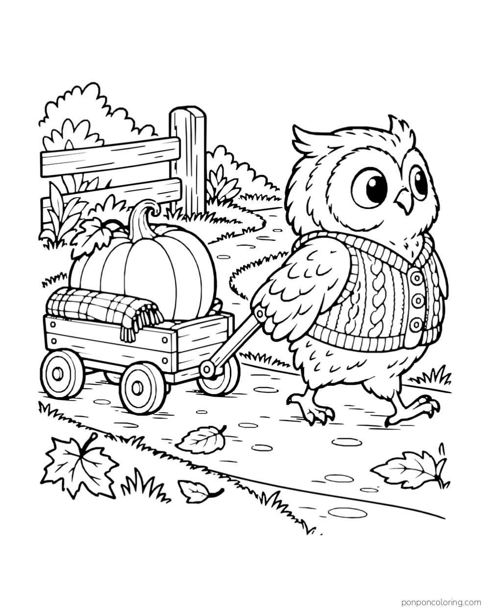 An owl in a knitted vest pulls a small wagon carrying a pumpkin and folded blanket.