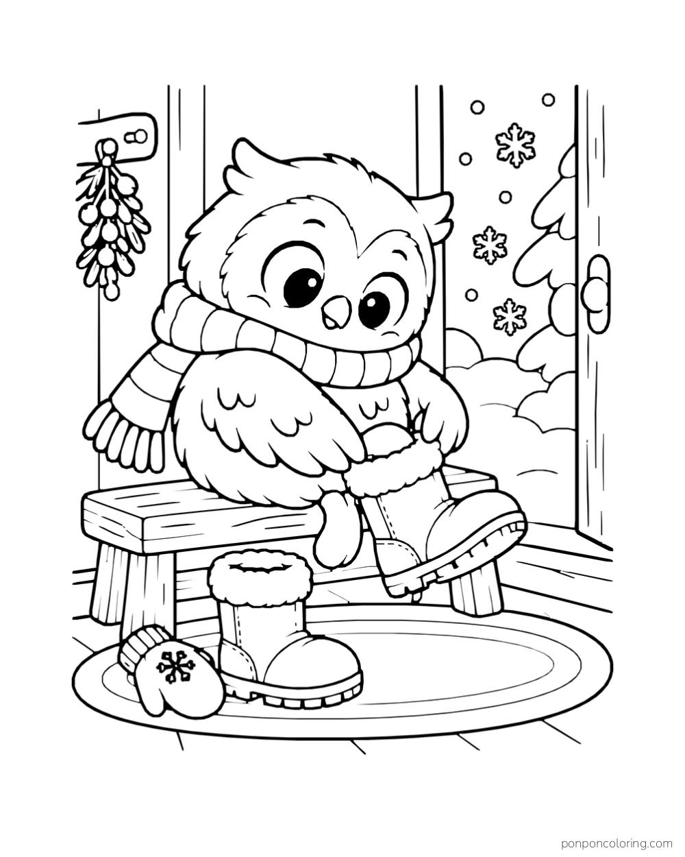 A scarf-wrapped owl sits on a bench and pulls on a snow boot beside a doorway.