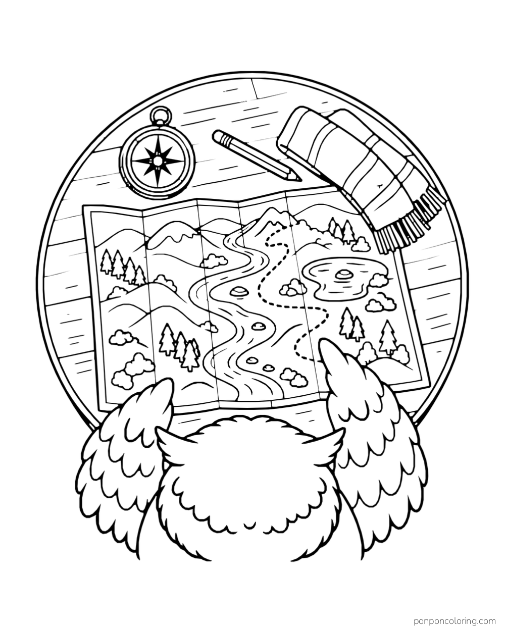 Seen from above, an owl points to a route on a map spread across a round table.