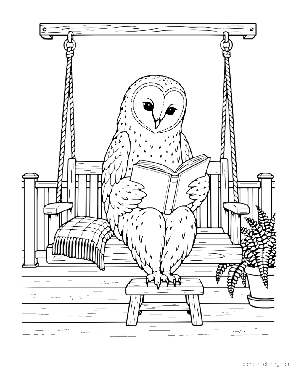 A heart-faced owl reads an open book on a porch swing with a folded blanket beside it.