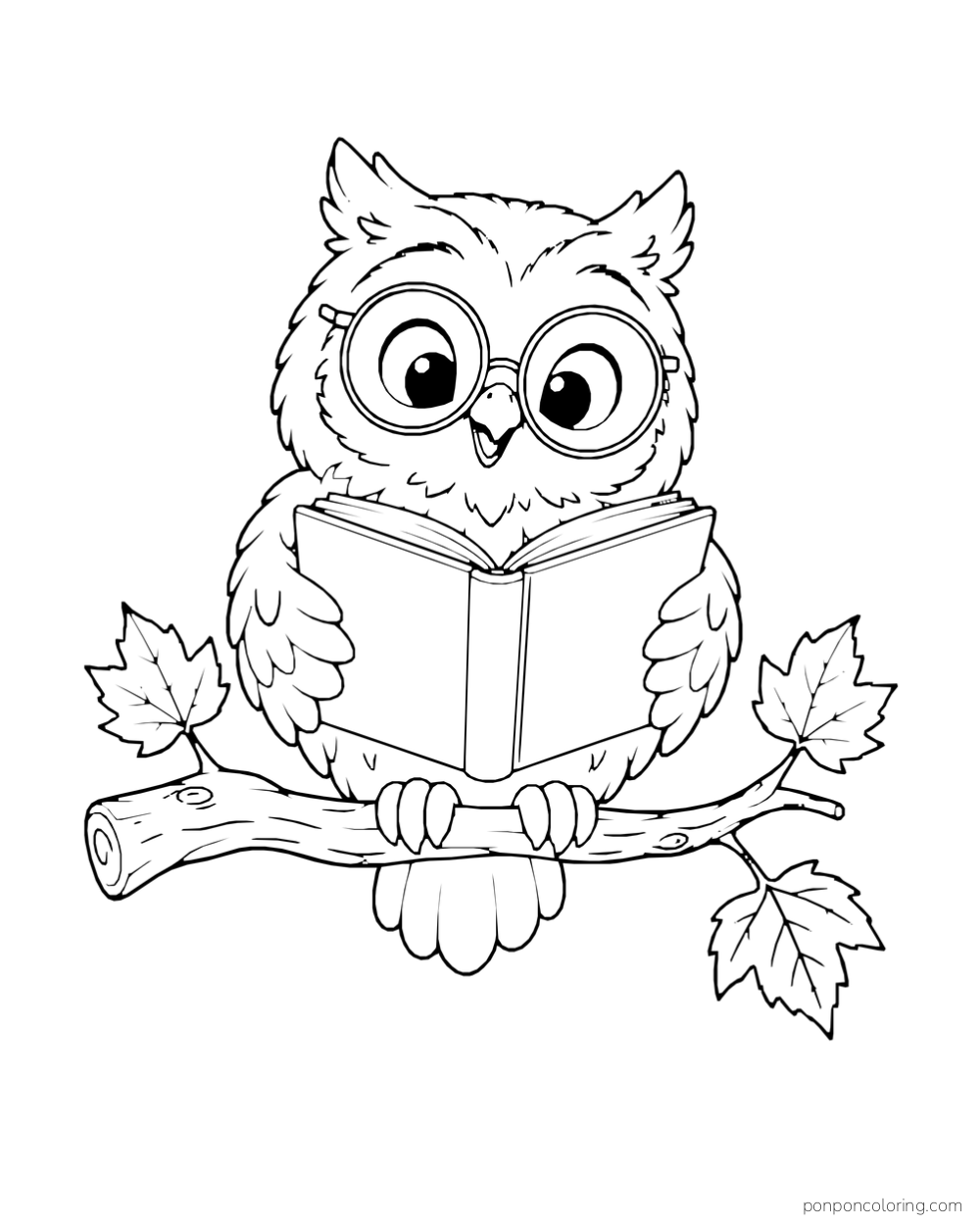 An owl in round glasses reads a book on a branch with three broad maple leaves.