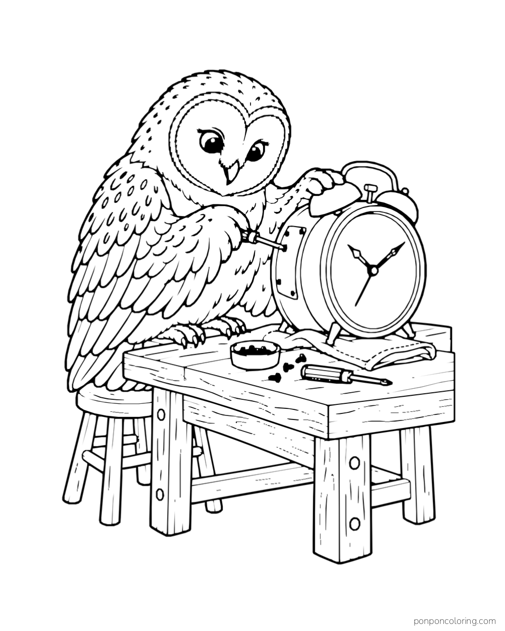 A heart-faced owl uses a small screwdriver on a round alarm clock at a workbench.