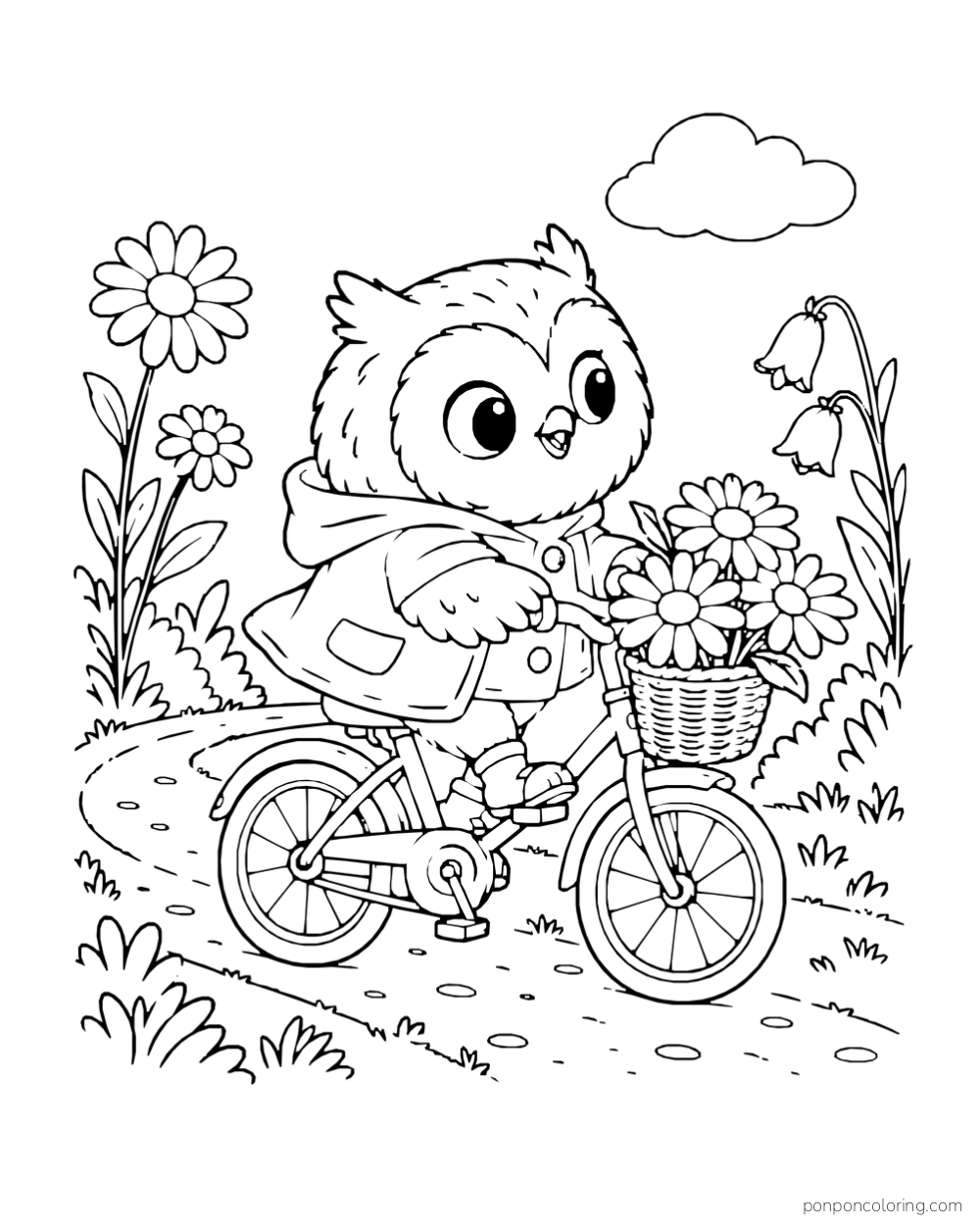 An owl rides a small bicycle along a garden path with daisies in the front basket.