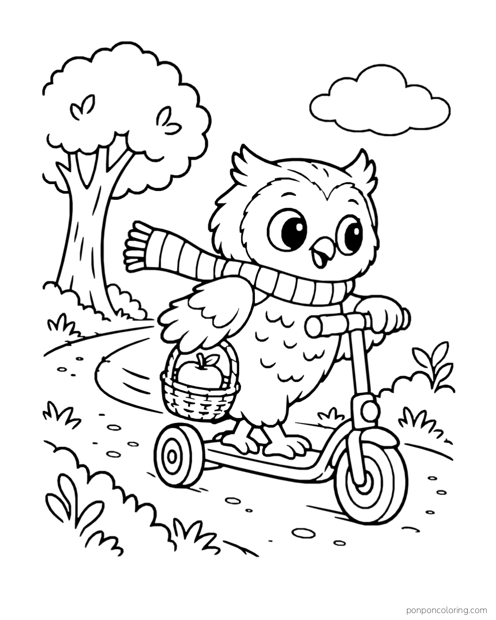 A scarf-wrapped owl rides a small scooter along a woodland path with an apple basket.