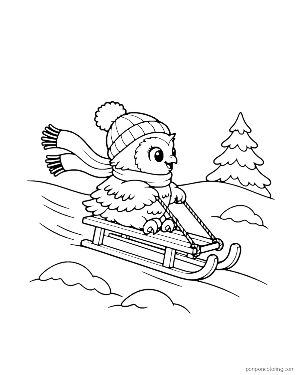 A scarf-wrapped owl rides a wooden sled down a gentle snowy slope near a pine tree.