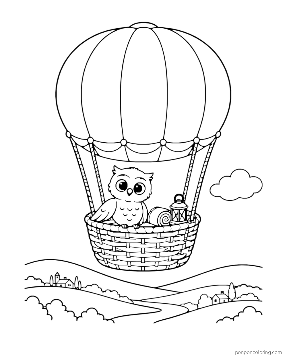 A small owl rides in a woven hot-air balloon basket with a rolled blanket and lantern above hills.