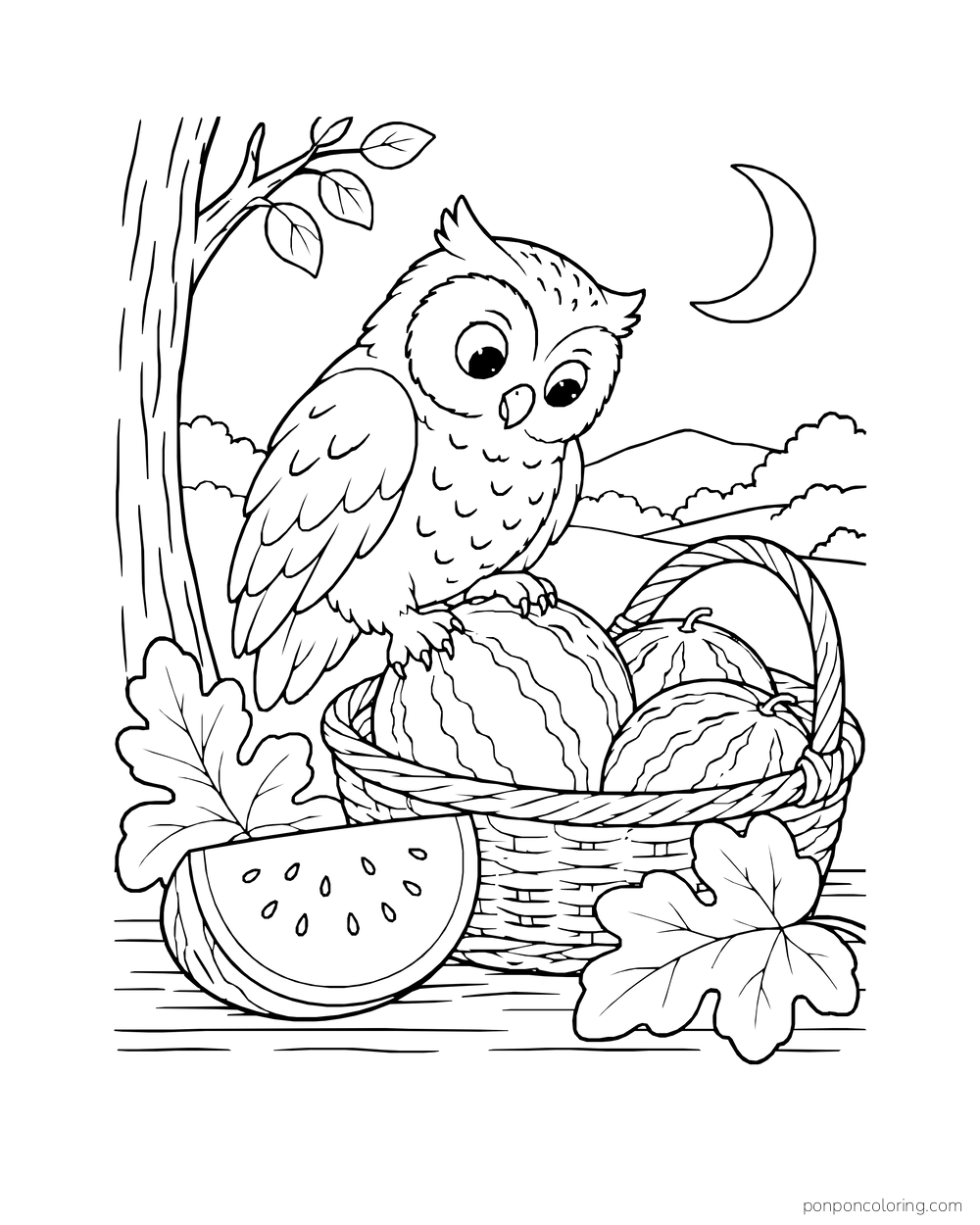 An owl perched on a basket of striped watermelons beside a wedge under a crescent moon.