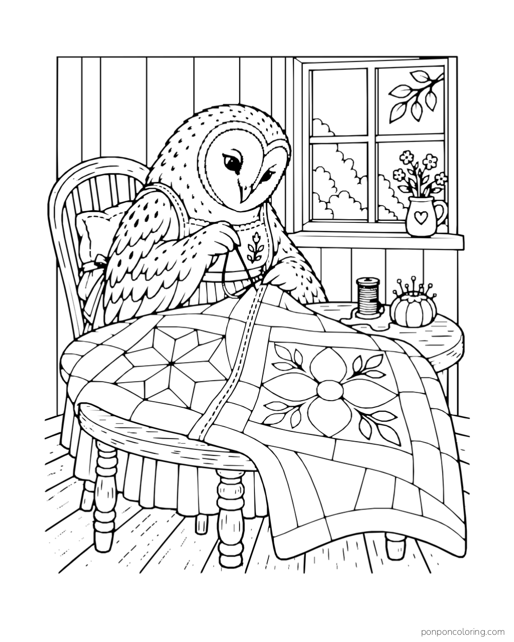 A heart-faced owl stitches patterned quilt squares at a round table by a window.