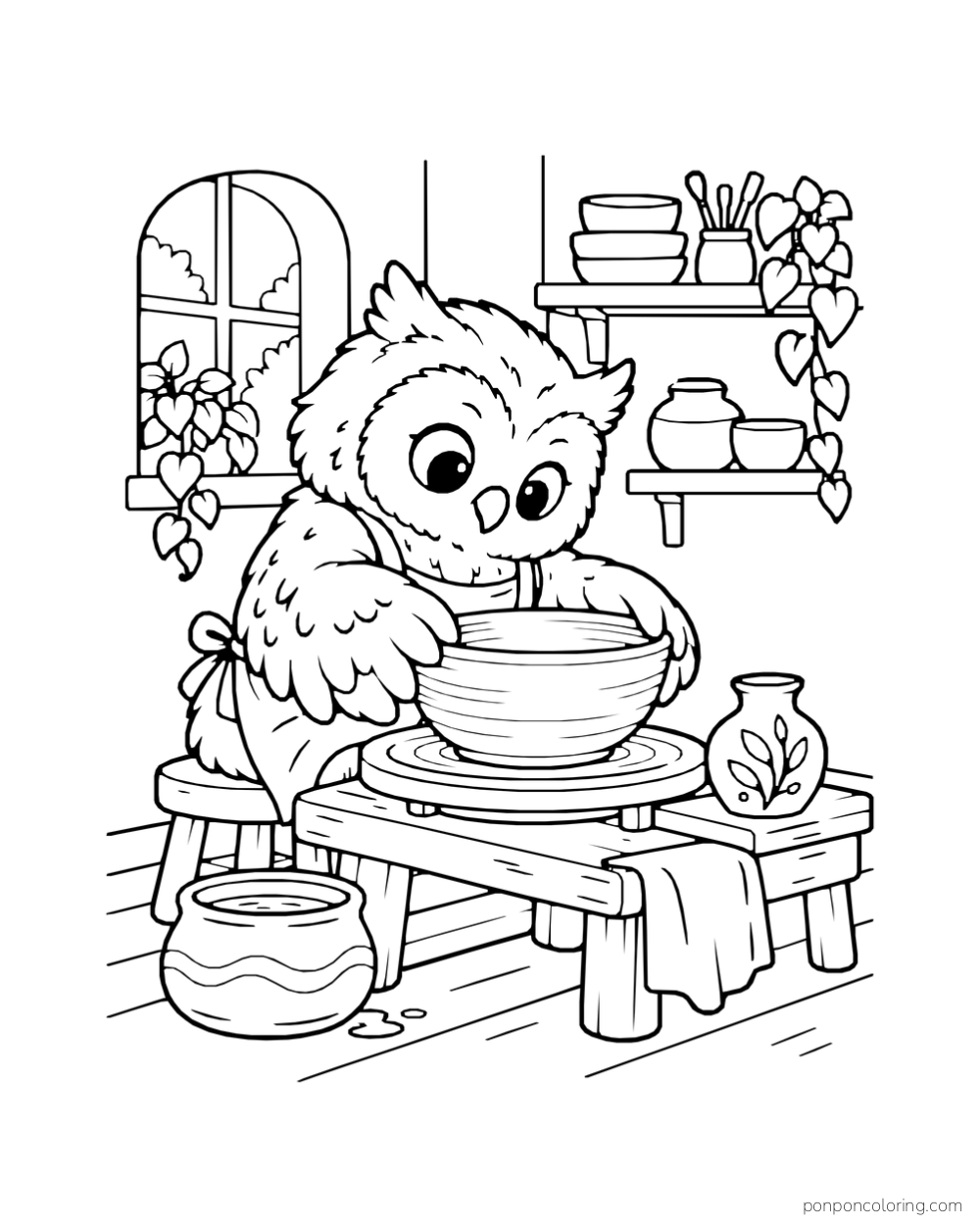 An owl shapes a wide bowl on a turntable at a low pottery table.