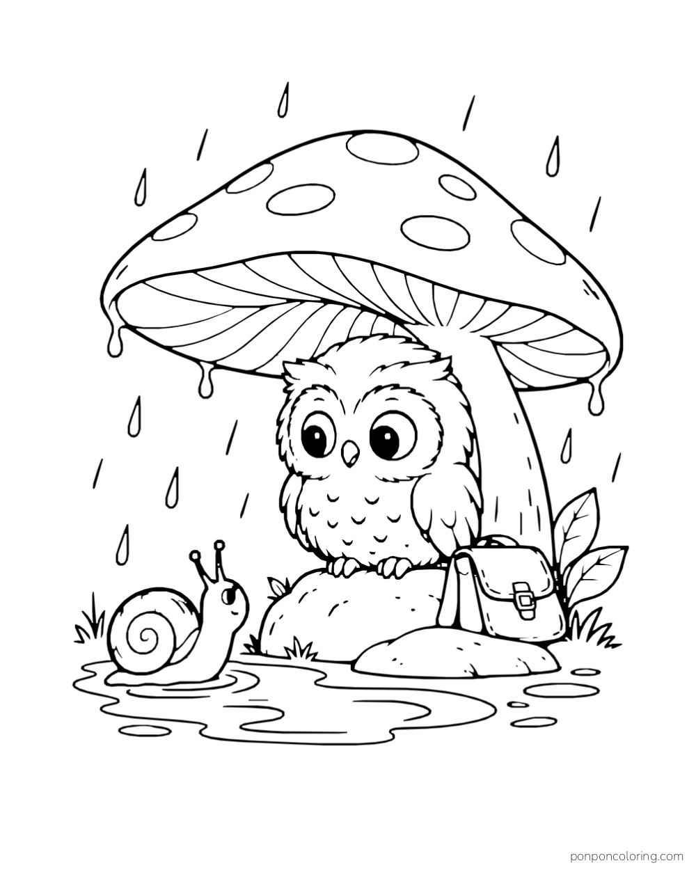 A small owl sits under a broad mushroom in the rain while a snail approaches a puddle.