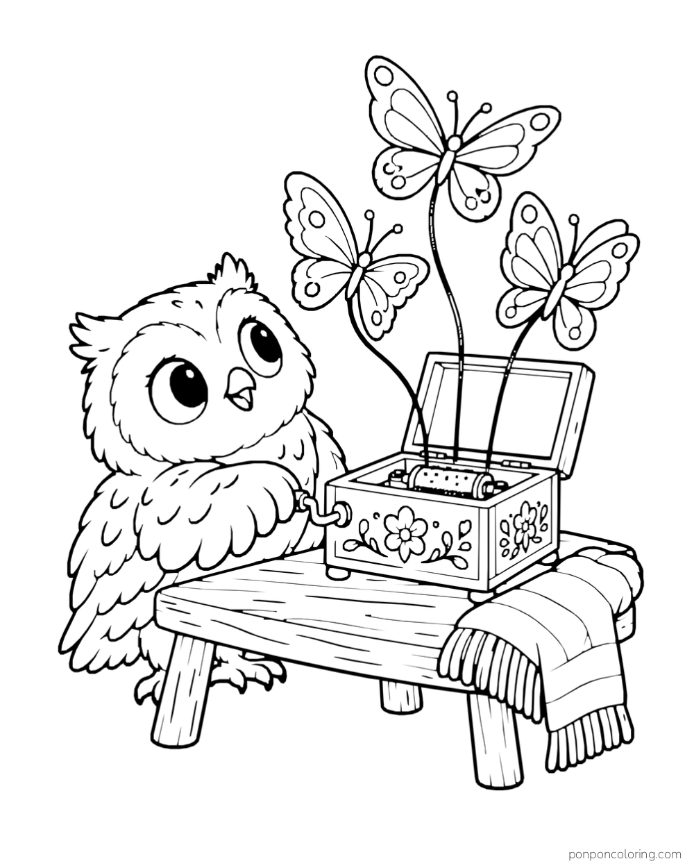 An owl turns the crank of an open music box with three butterflies rising above it.