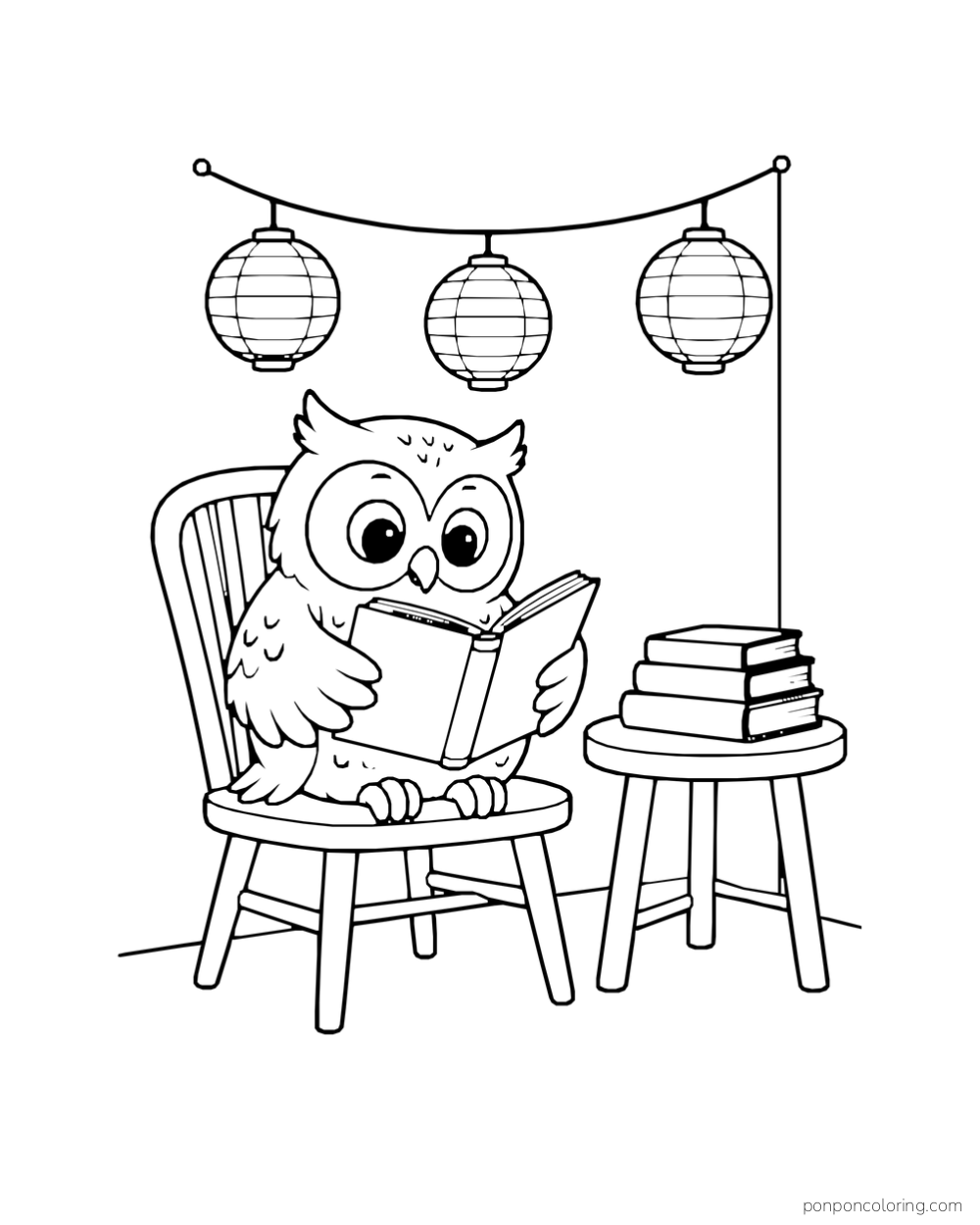 An owl reading beneath three hanging paper lanterns beside a stack of books.