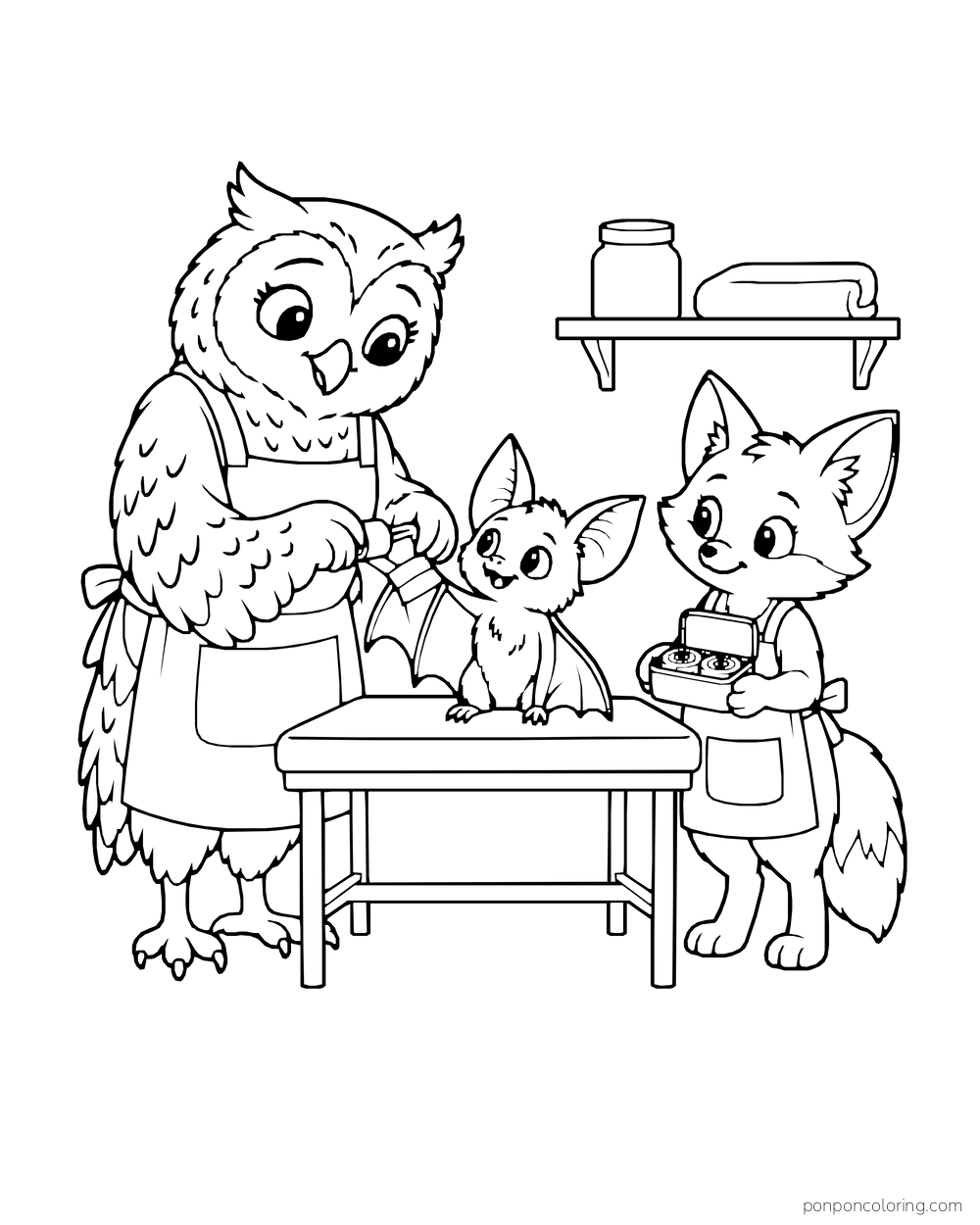 An adult owl veterinarian gently bandages a baby bat wing on an examination table while a young fox helper holds a tin of bandage rolls.
