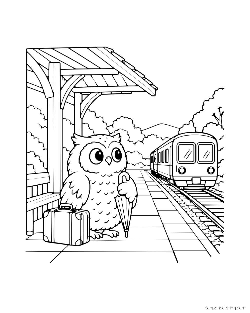 An owl stands with a suitcase and closed umbrella under a platform shelter as a train approaches.