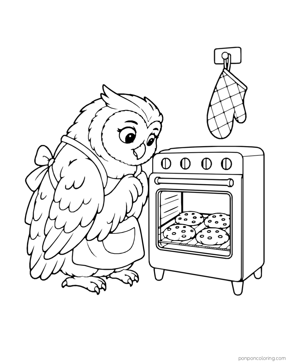 An owl in an apron looks through an oven window at round cookies baking inside.