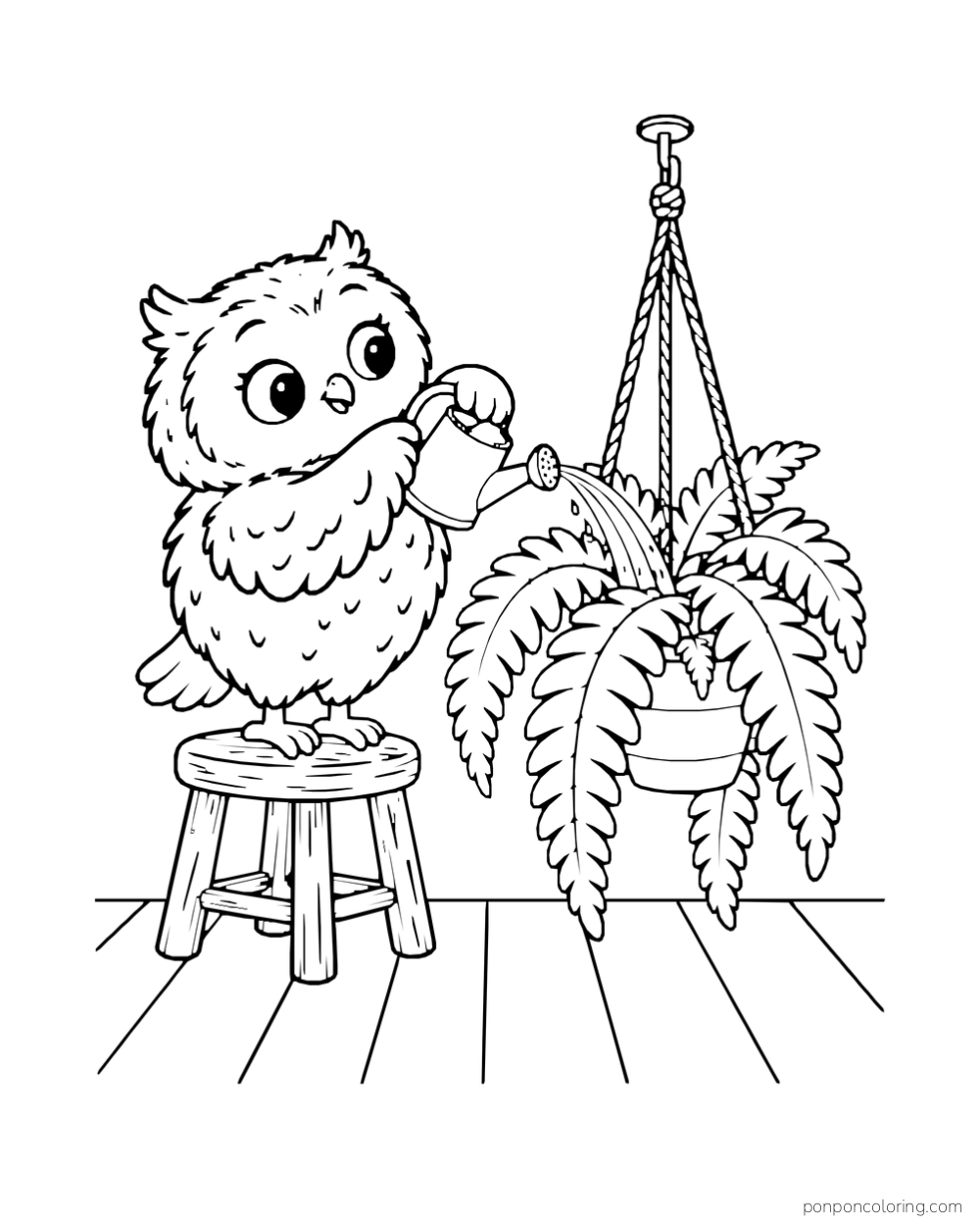 An owl on a low stool pours water from a small can into a hanging fern.