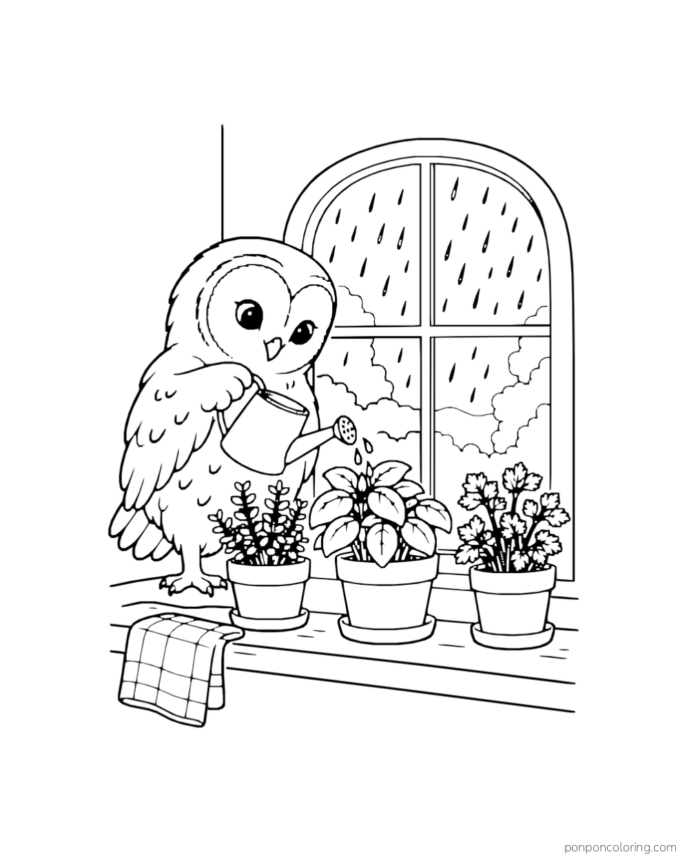 A heart-faced owl waters the middle of three herb pots on a windowsill beside a folded towel, with raindrops visible through the arched window.