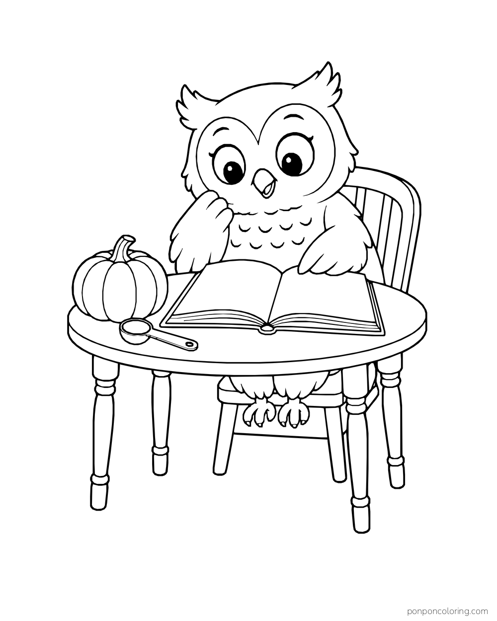 An owl reads a blank open recipe book beside a pumpkin and measuring spoon.