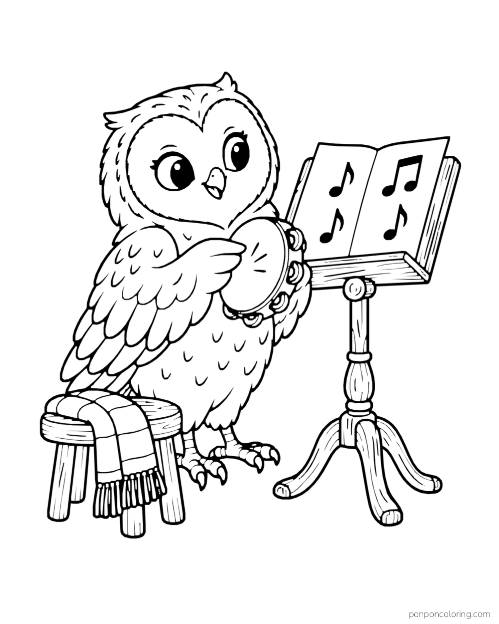 An owl holds a tambourine beside a stand displaying large music notes.