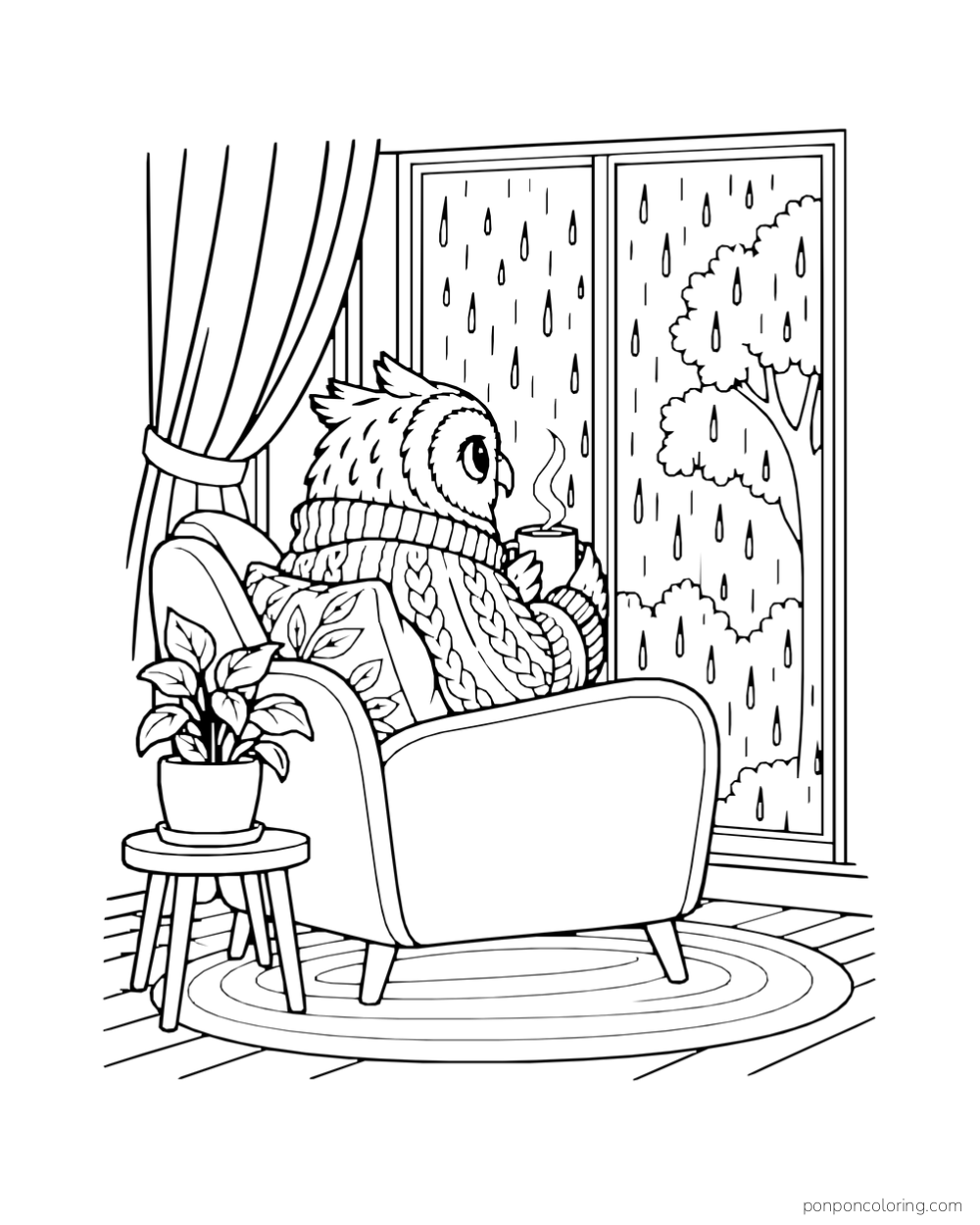 An owl in a cardigan holds a warm mug from a chair beside a rain-streaked window.