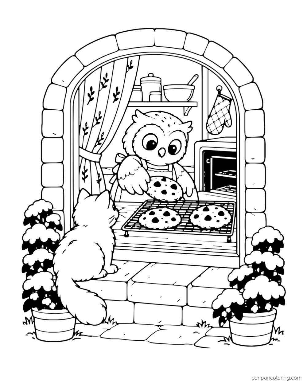 An owl holds a cookie above a cooling rack while a cat watches from the bakery window.