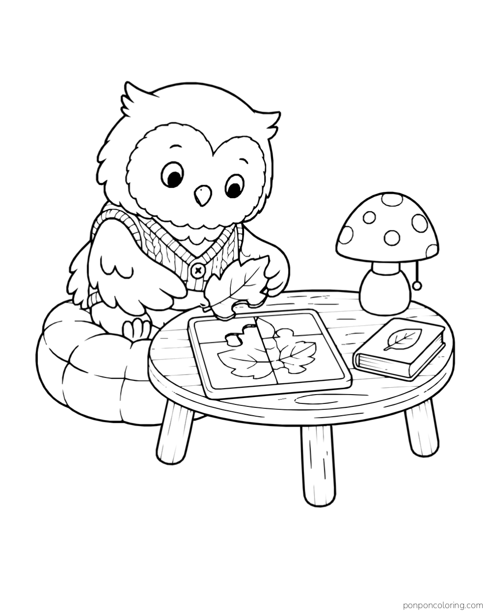 An owl in a knitted vest sits on a cushion beside a low table holding a leaf puzzle, a closed book, and a mushroom lamp.
