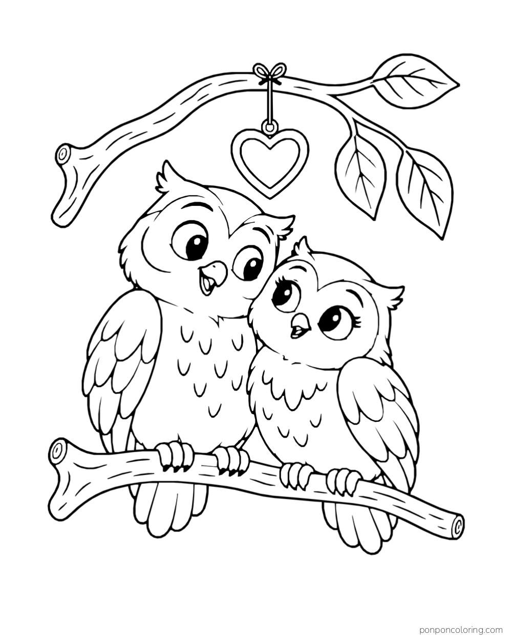 Two owls sit together on a branch beneath a heart ornament and leafy branch.