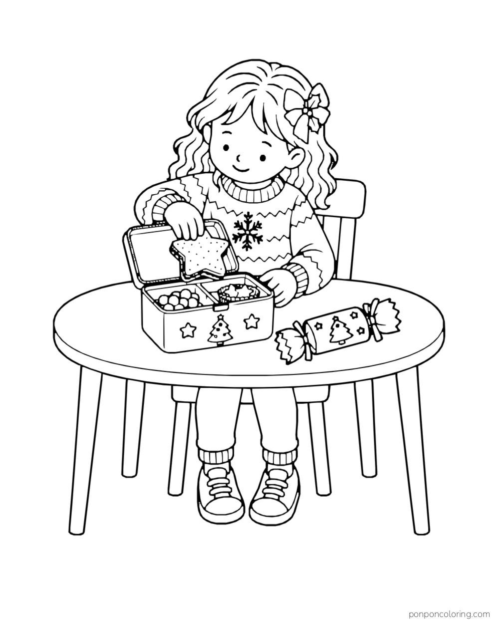 A child packs a star-shaped sandwich into a Christmas lunch box beside a cracker on an oval table.
