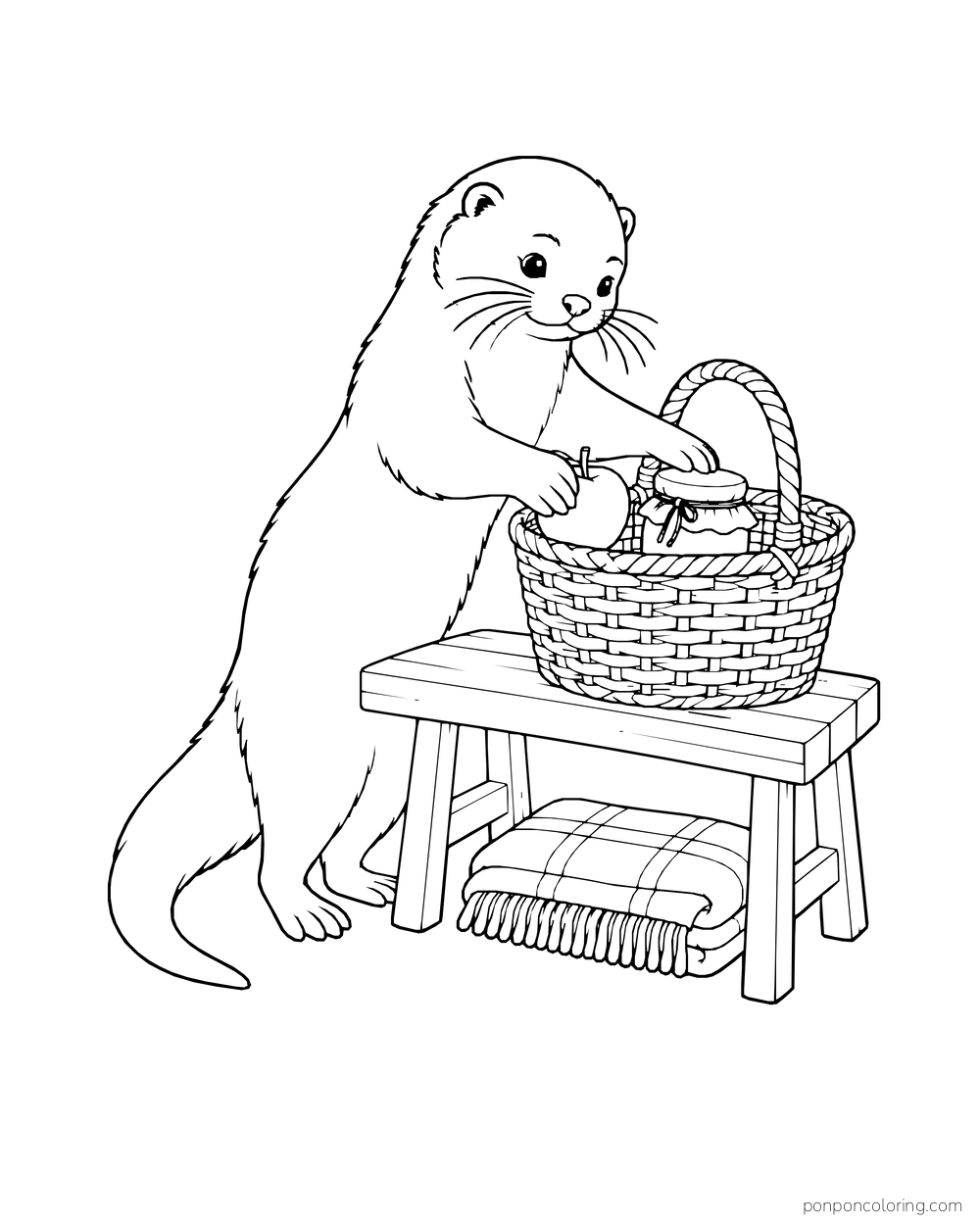 Otter packing a wicker picnic basket on a low bench with a folded blanket below.