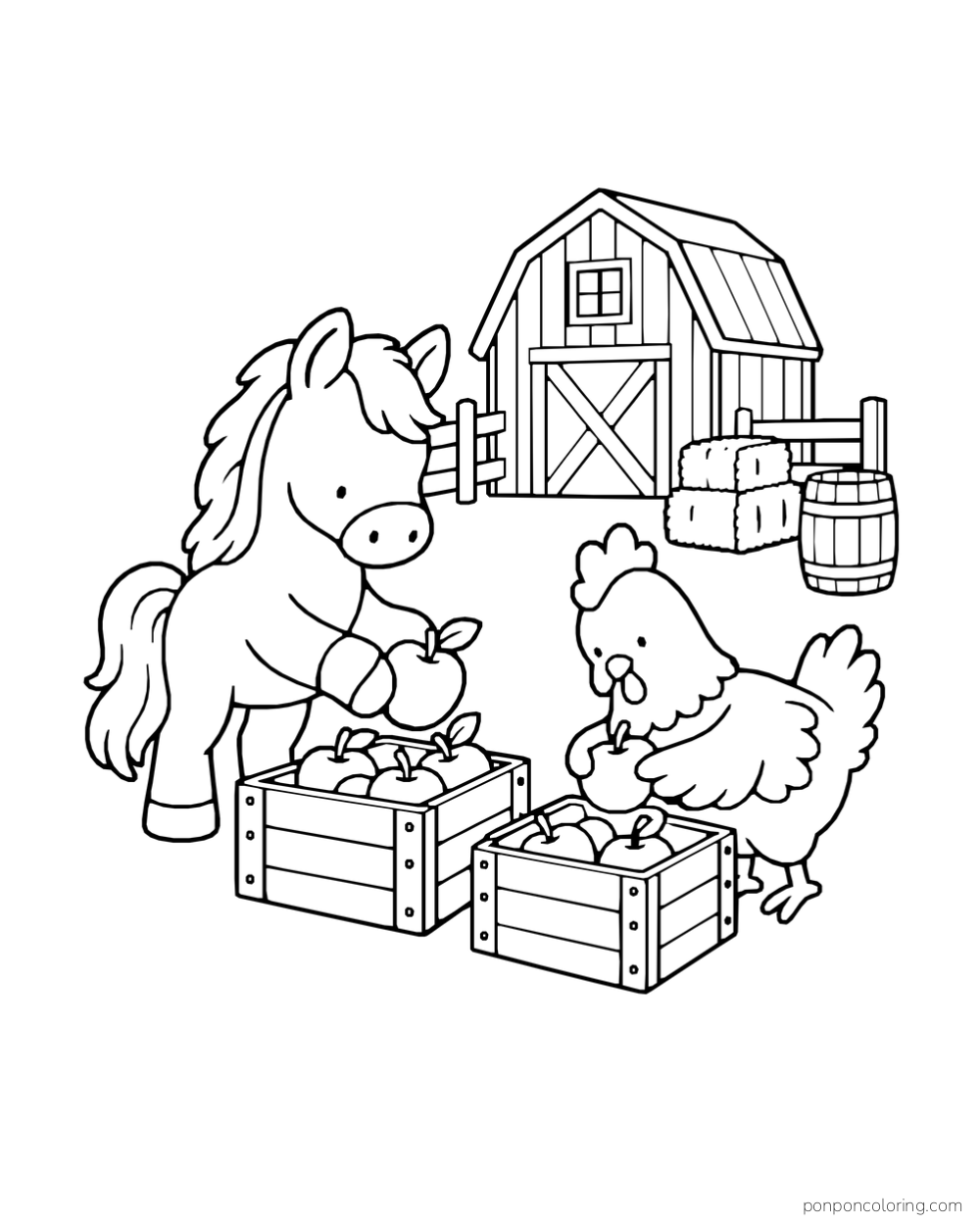 A pony and hen pack apples into wooden crates in front of a barn.