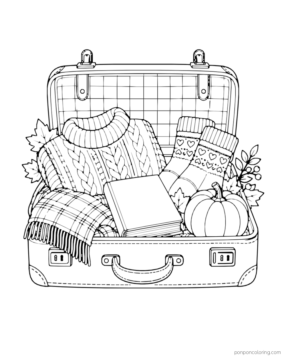 An open suitcase holds a knitted sweater, socks, a checked blanket, a book, and a pumpkin.