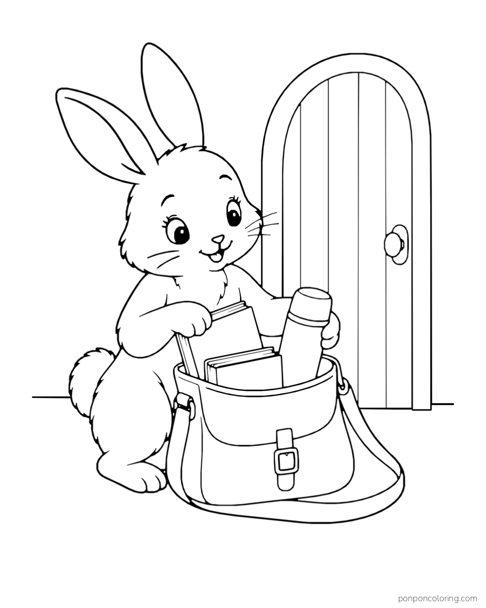 A rabbit packs two books and a thermos into a satchel by an arched door.