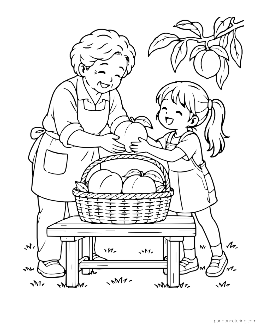 Older adult and child placing peaches in a basket on an orchard table.