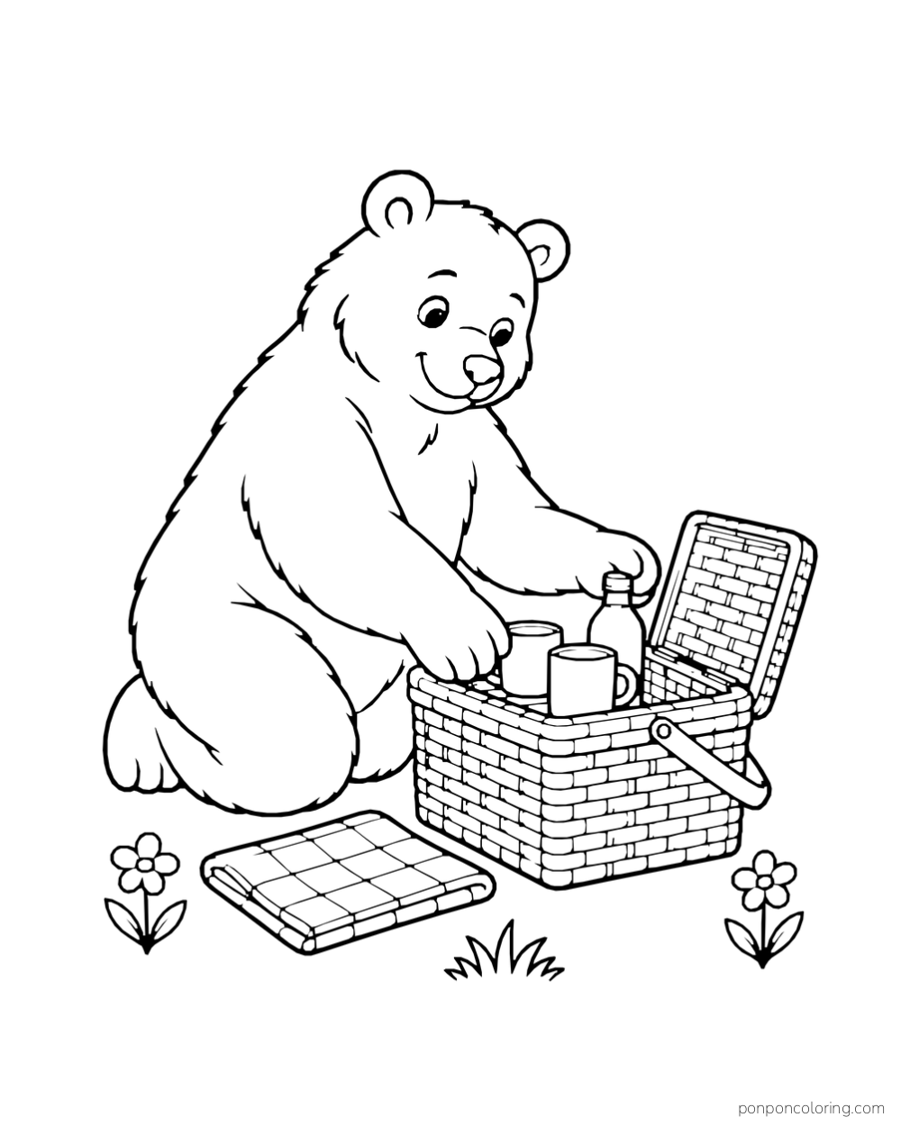 A kneeling bear places a cup into an open woven basket beside a folded cloth and flowers.