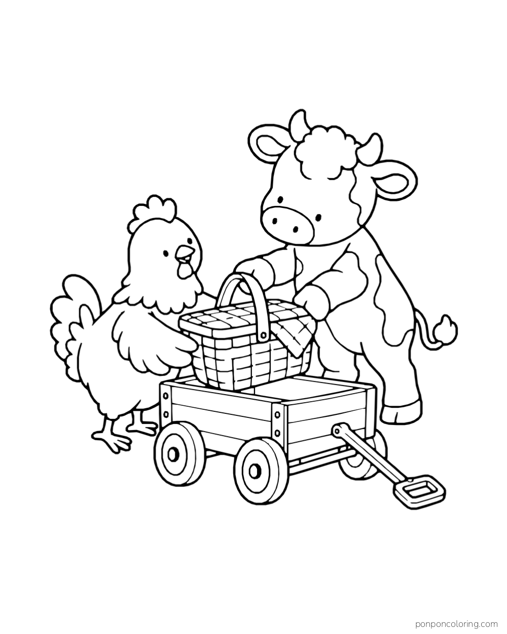 A hen and calf place a picnic basket into a small wagon.