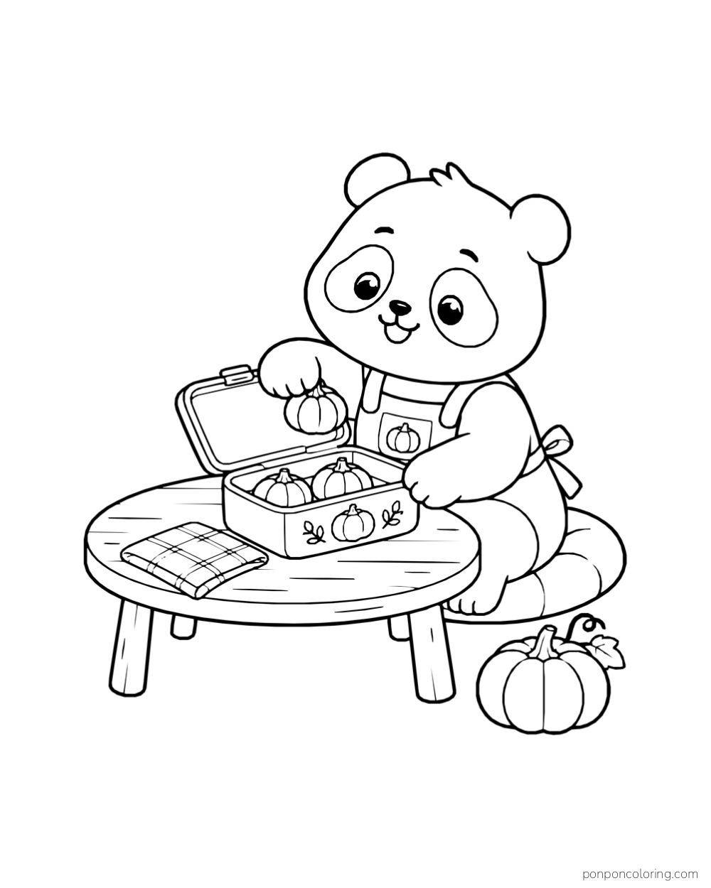 A panda packs pumpkin-shaped dumplings into a lunchbox at a low round table.