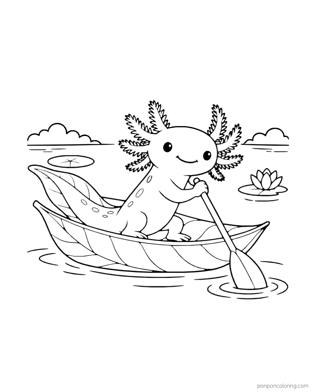 Axolotl paddling a leaf-shaped boat on a pond near a lily flower and pad.