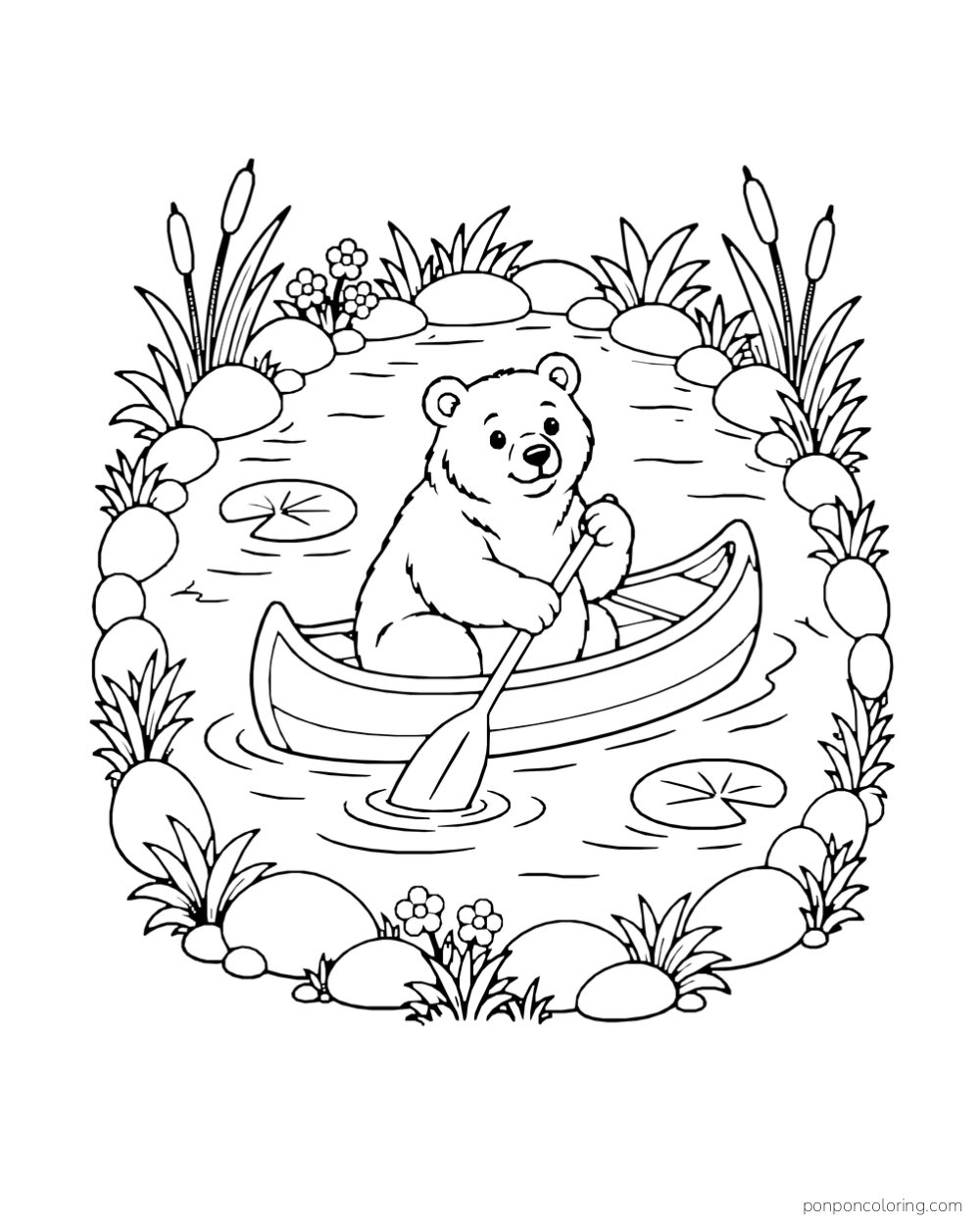 A bear paddles a canoe around a small enclosed pond bordered by reeds and lily pads.