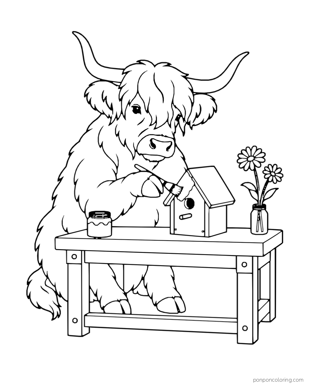A shaggy Highland cow paints a small birdhouse at a workbench with jars and daisies.