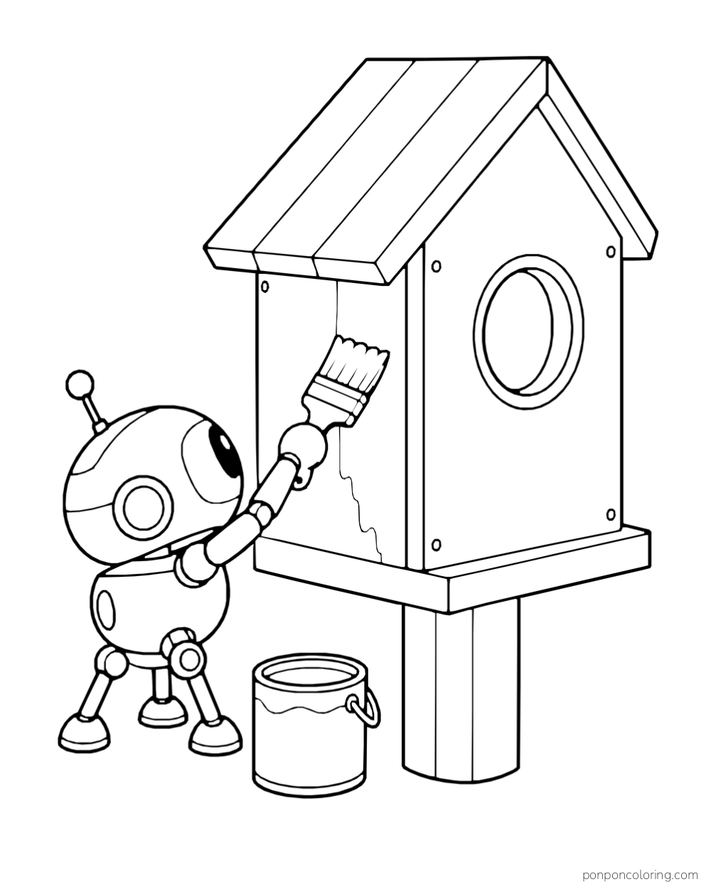 Tripod-legged robot paints a birdhouse.