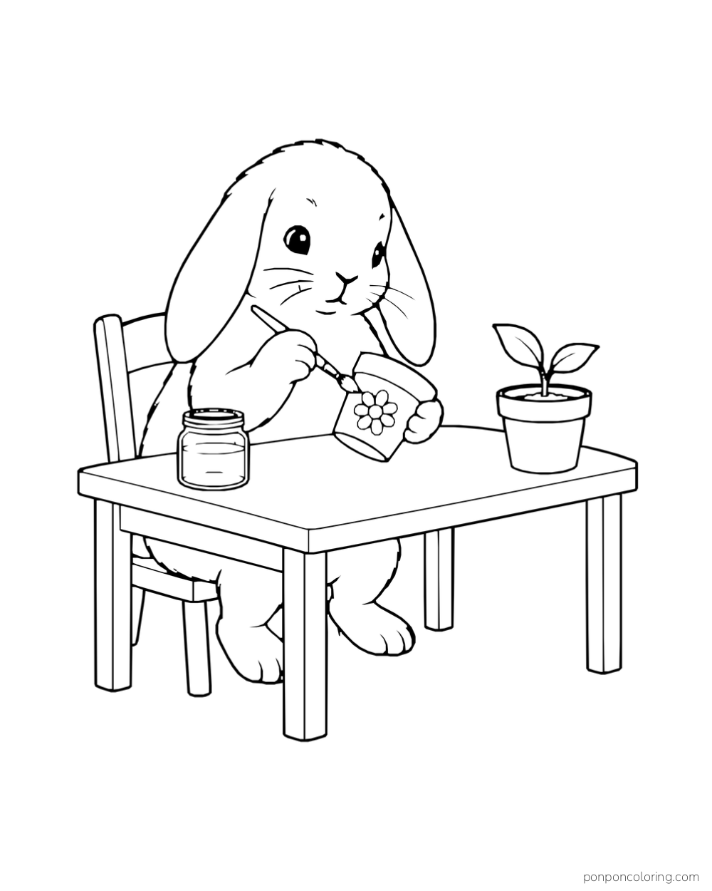 A lop-eared rabbit paints a flower design on a pot at a table beside a jar and a small plant.